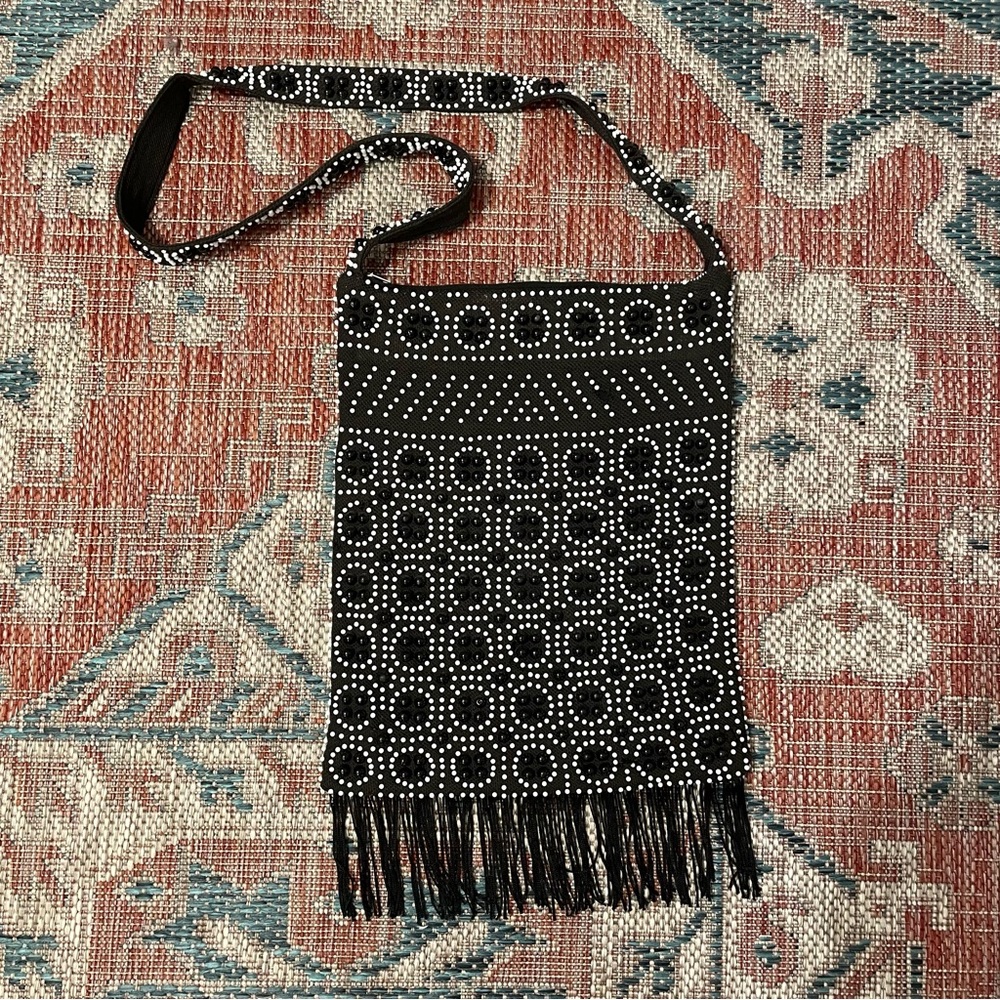 Vintage 1960s hippie boho candy dot black and white fringe purse